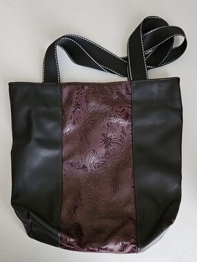 Black and Plum Floral-Embossed Tote Bag